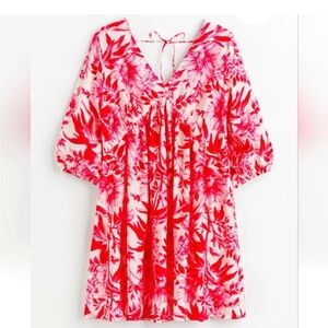 H&M Light Flowy V Neck Floral Red and White Tunic Dress Sz L